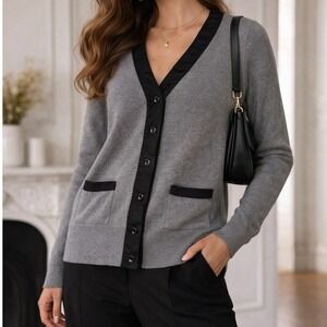 Aqua Cashmere Cardigan Sweater SMALL Gray Black Ruffle Preppy Minimalist Classic